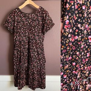 Girls Black and Pink Floral Tiered Dress